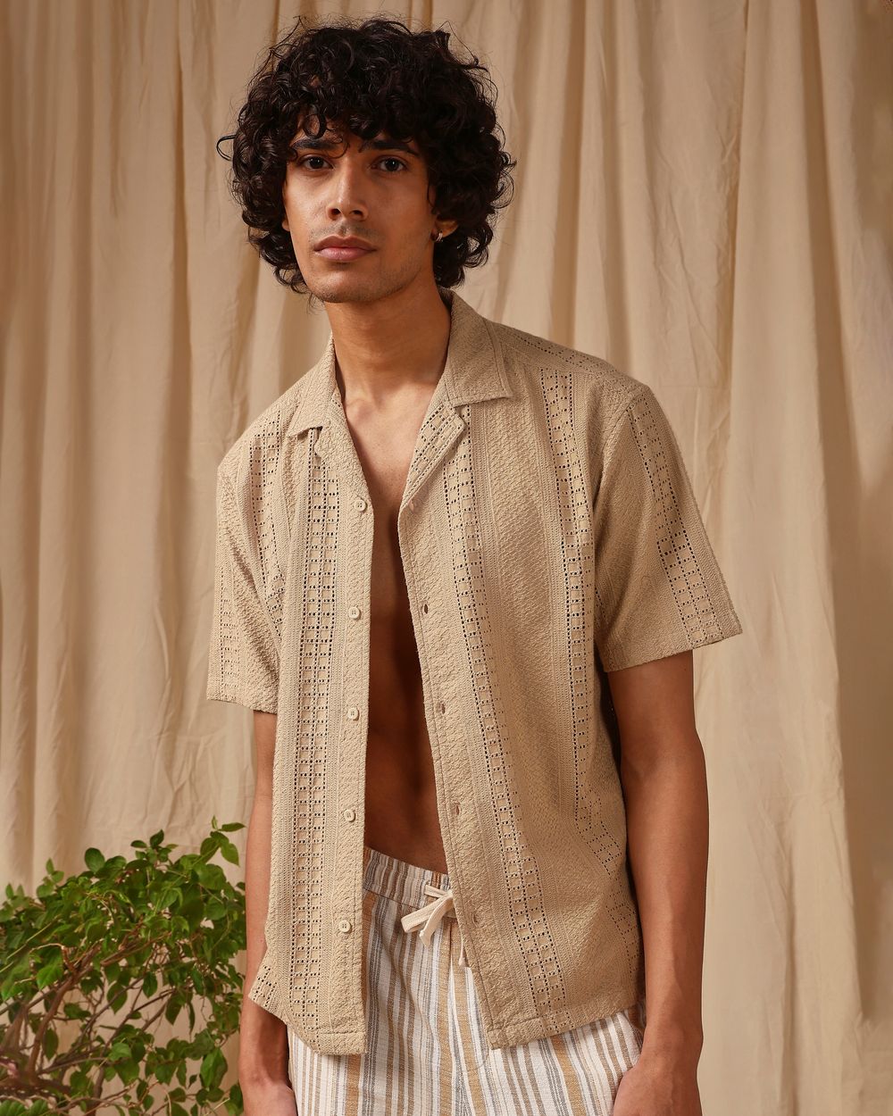 Light Khaki Embroidered Plain Loose Fit Casual Shirt