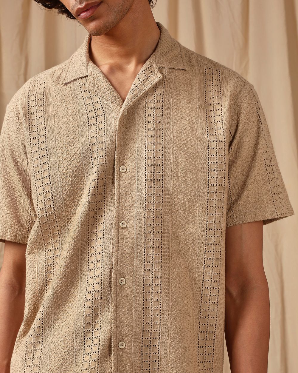 Light Khaki Embroidered Plain Loose Fit Casual Shirt