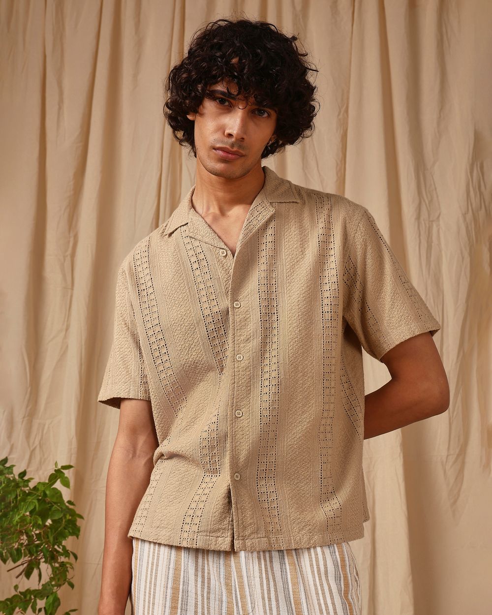 Light Khaki Embroidered Plain Loose Fit Casual Shirt