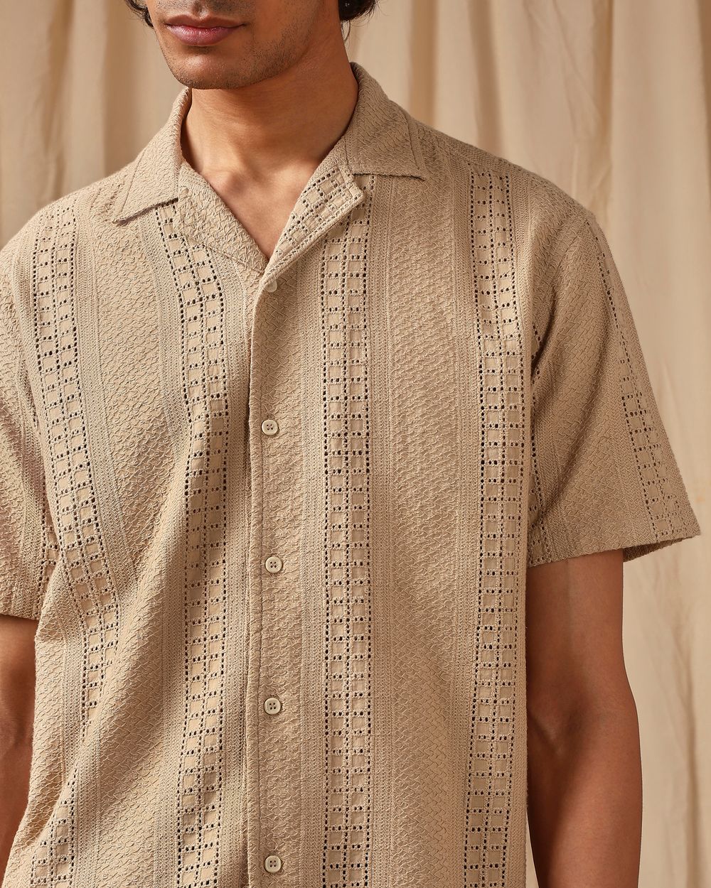 Light Khaki Embroidered Plain Loose Fit Casual Shirt