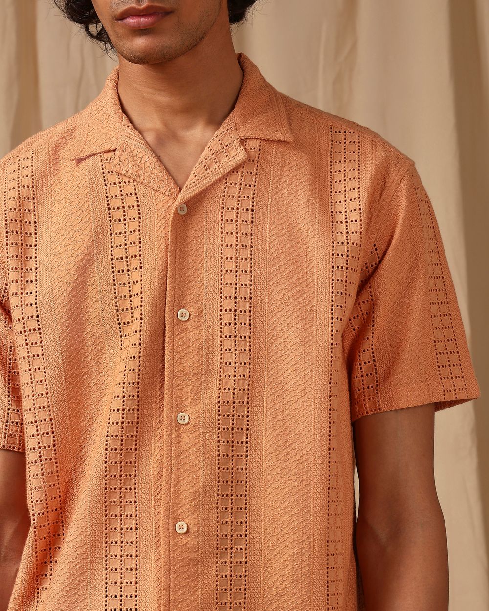 Peach Embroidered Plain Loose Fit Casual Shirt