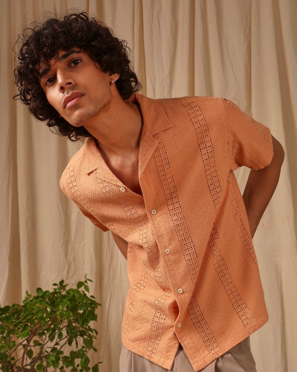 Peach Embroidered Plain Loose Fit Casual Shirt