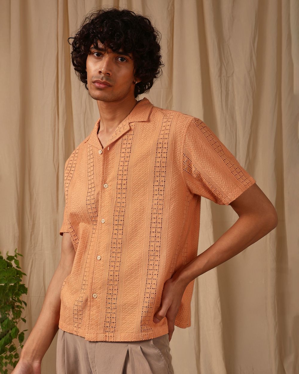 Peach Embroidered Plain Loose Fit Casual Shirt