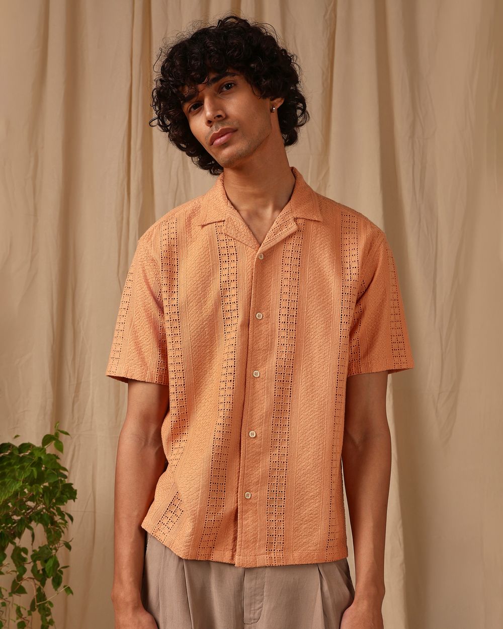 Peach Embroidered Plain Loose Fit Casual Shirt