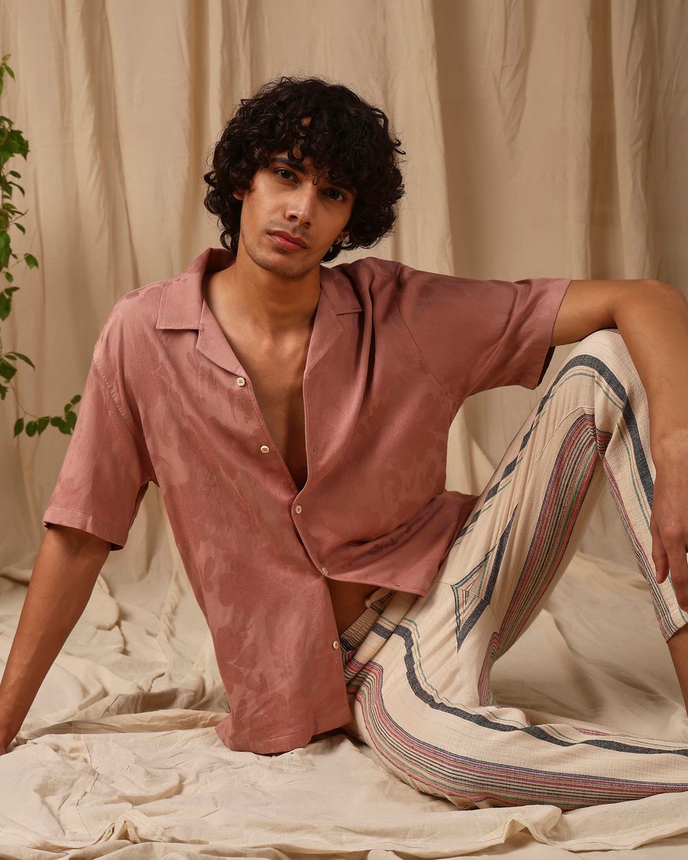 Pink Jacquard Floral Loose Fit Casual Shirt