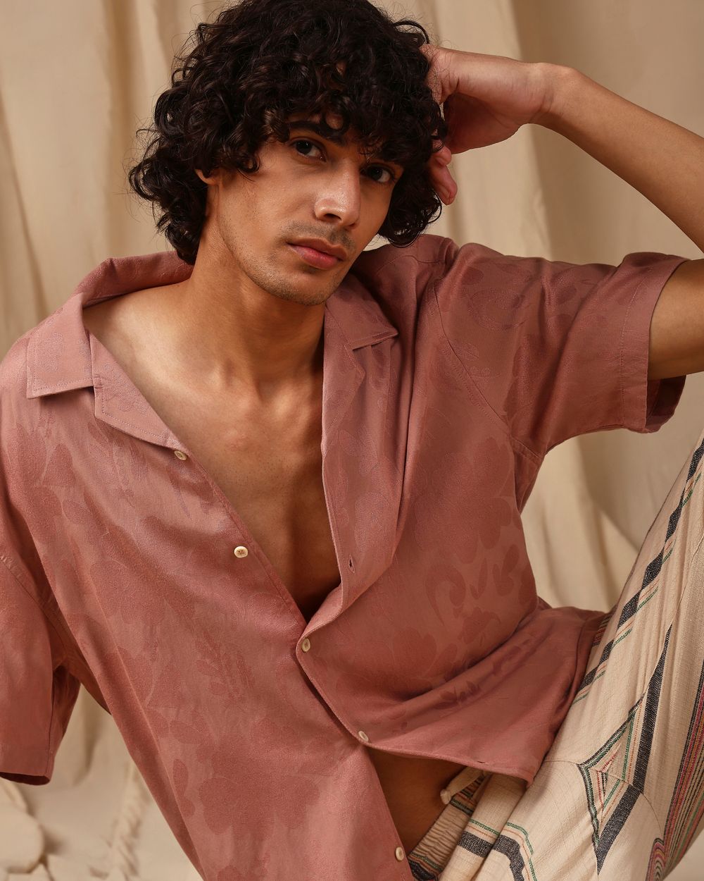 Pink Jacquard Floral Loose Fit Casual Shirt