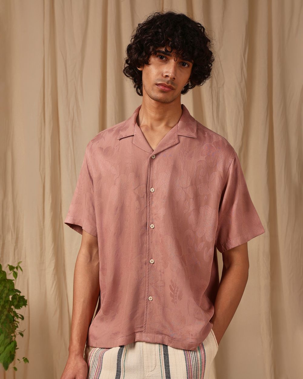 Pink Jacquard Floral Loose Fit Casual Shirt