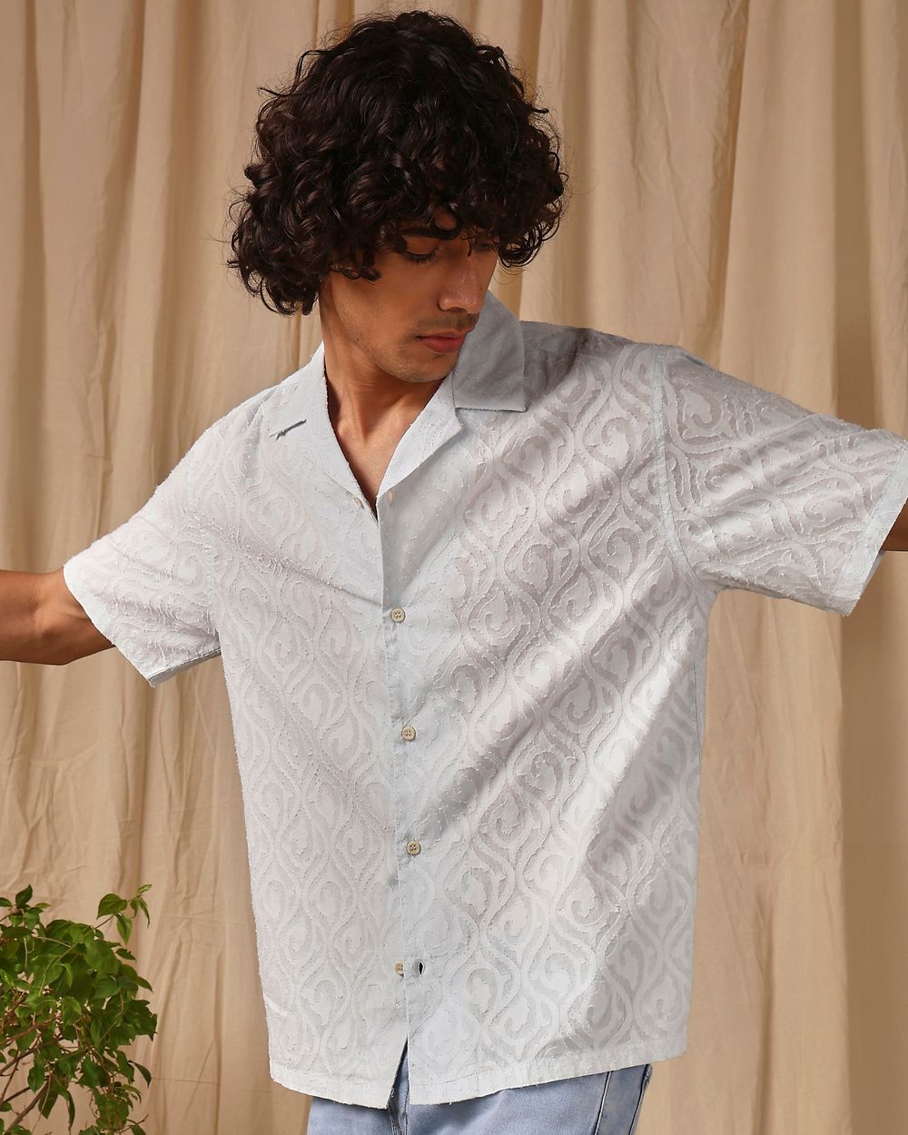 Light Blue Jacquard Plain Loose Fit Casual Shirt
