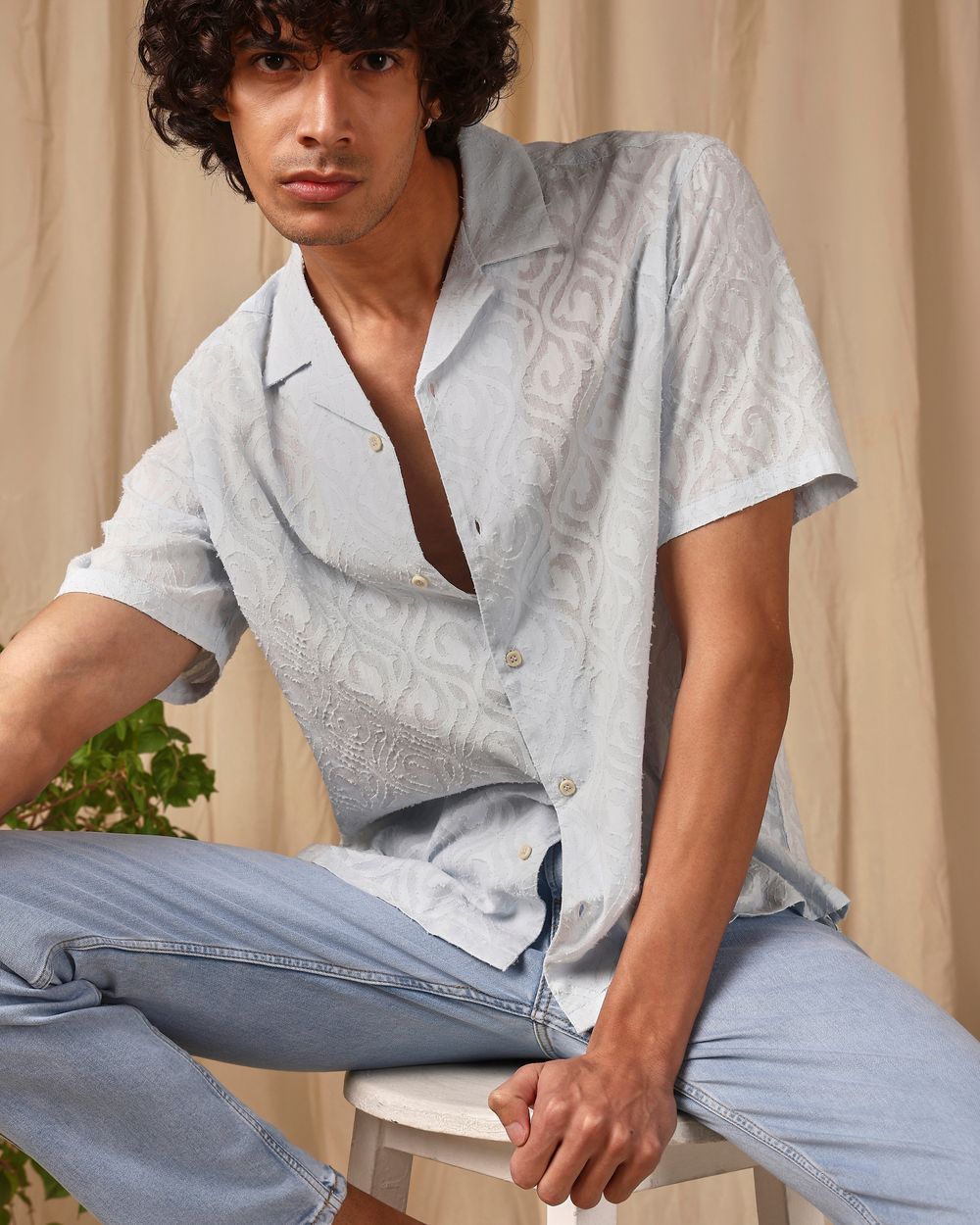 Light Blue Jacquard Plain Loose Fit Casual Shirt