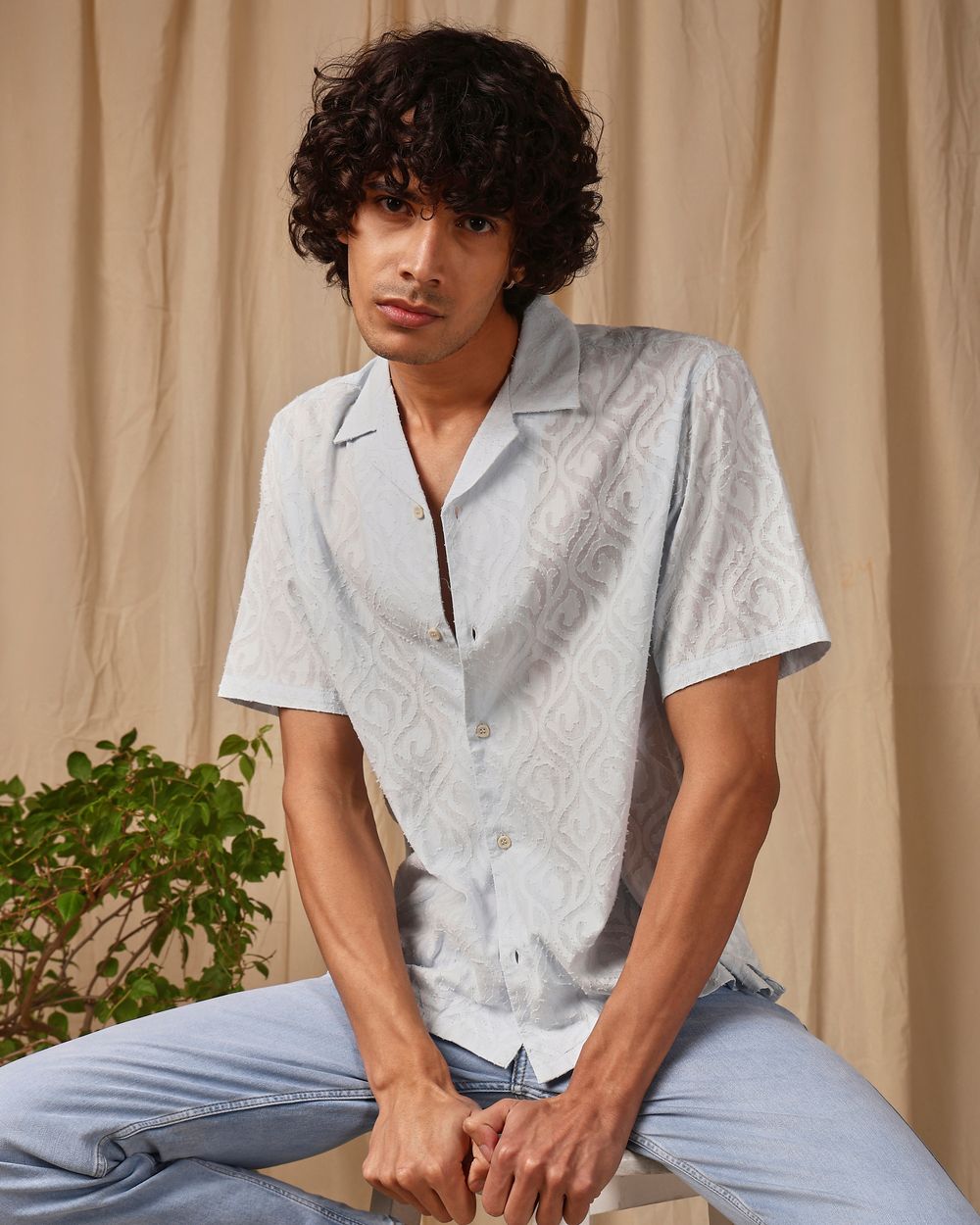 Light Blue Jacquard Plain Loose Fit Casual Shirt