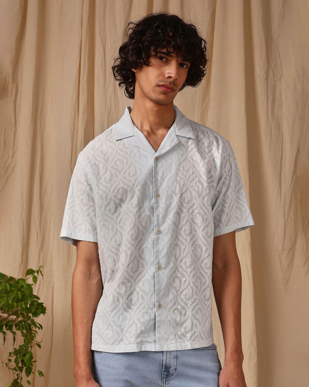 Light Blue Jacquard Plain Loose Fit Casual Shirt
