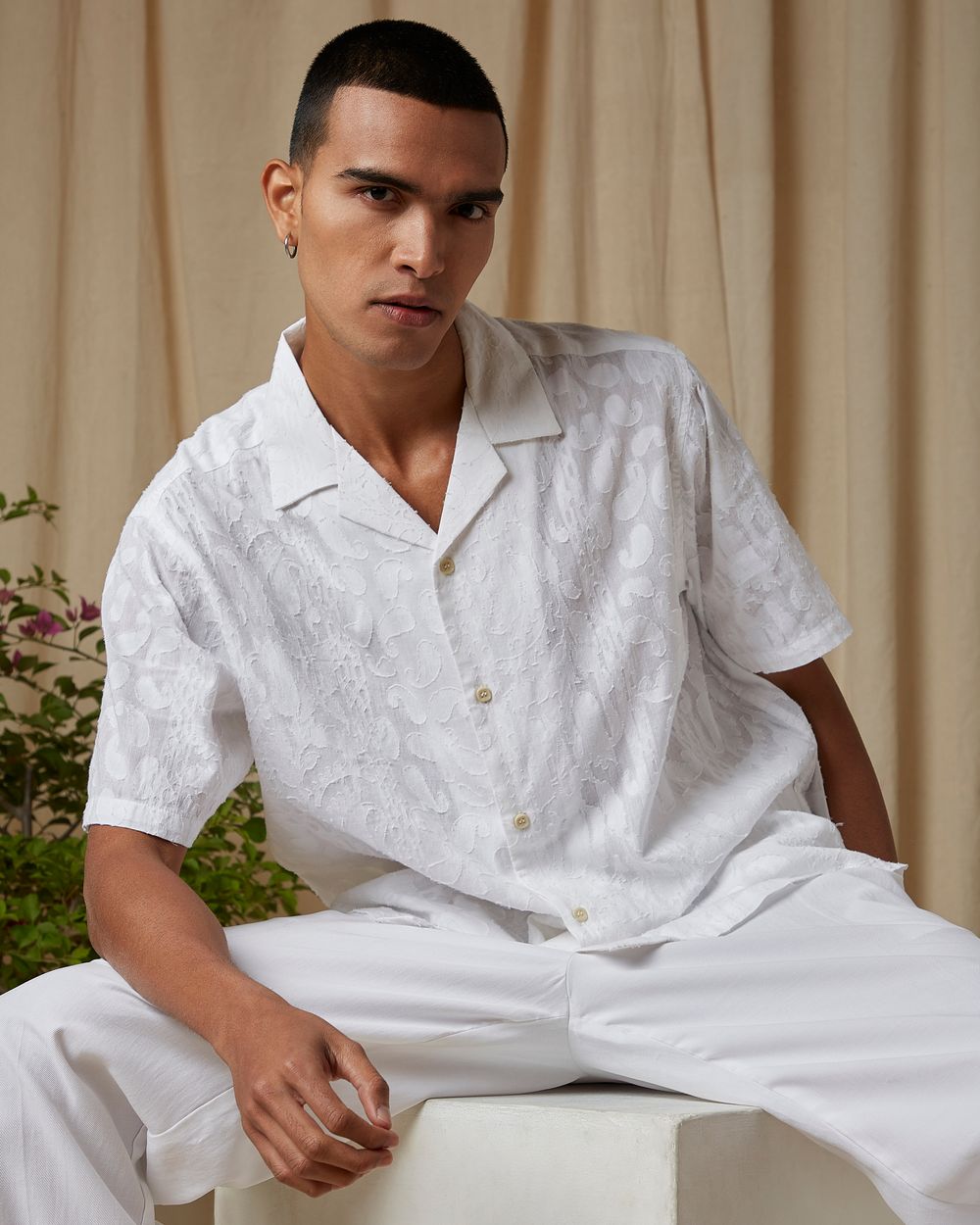 White Jacquard Plain Loose Fit Casual Shirt