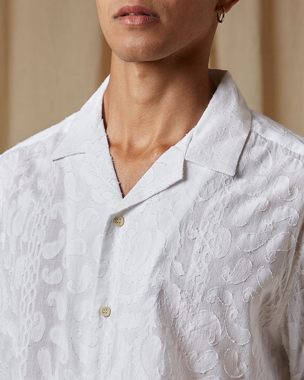 White Jacquard Plain Loose Fit Casual Shirt