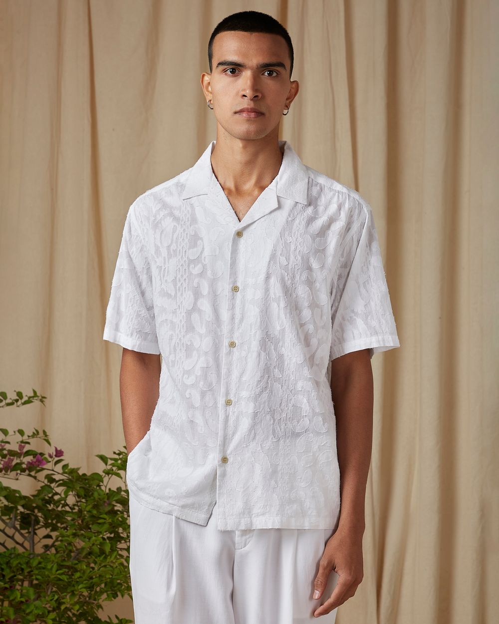 White Jacquard Plain Loose Fit Casual Shirt