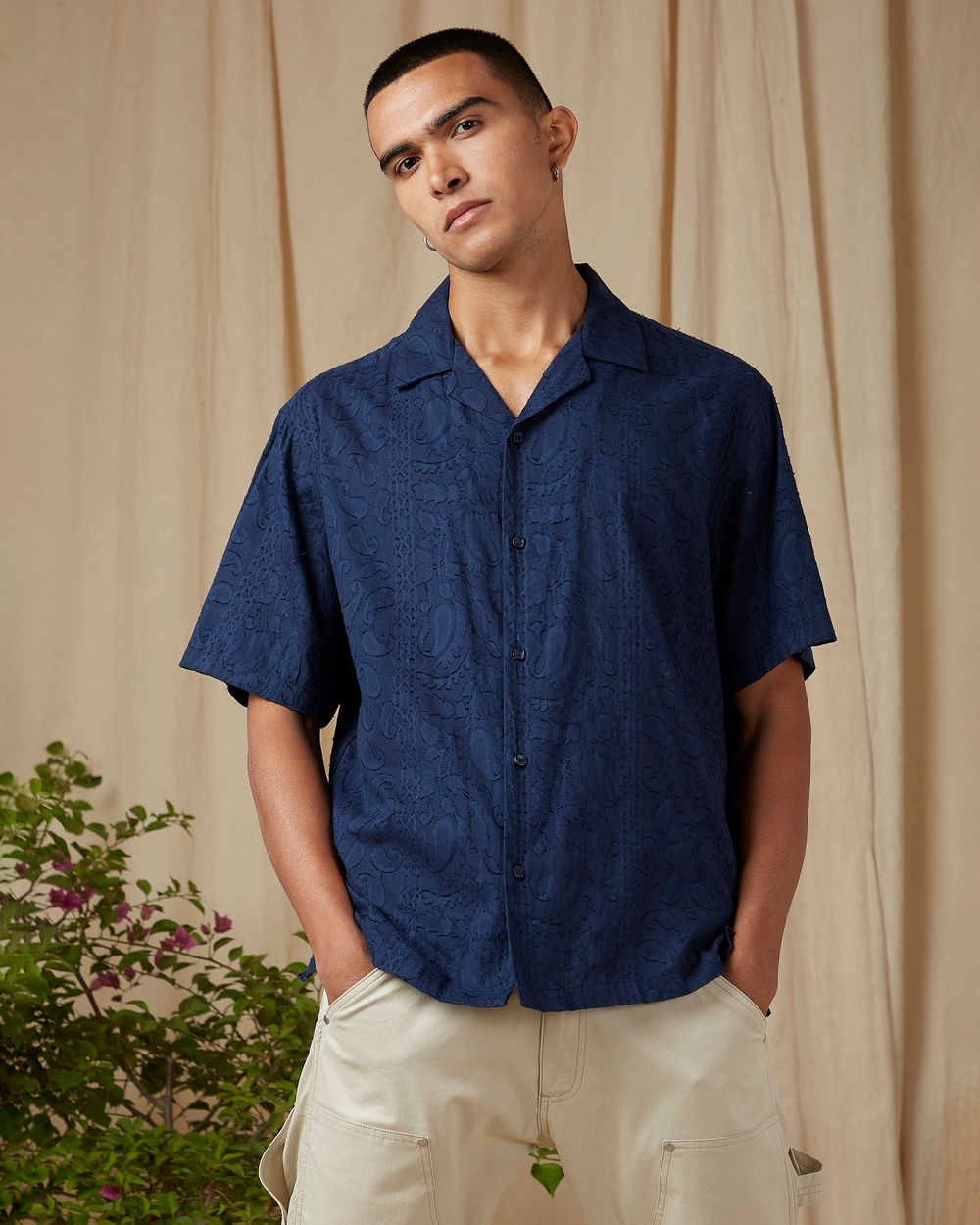 Navy Jacquard Plain Loose Fit Casual Shirt