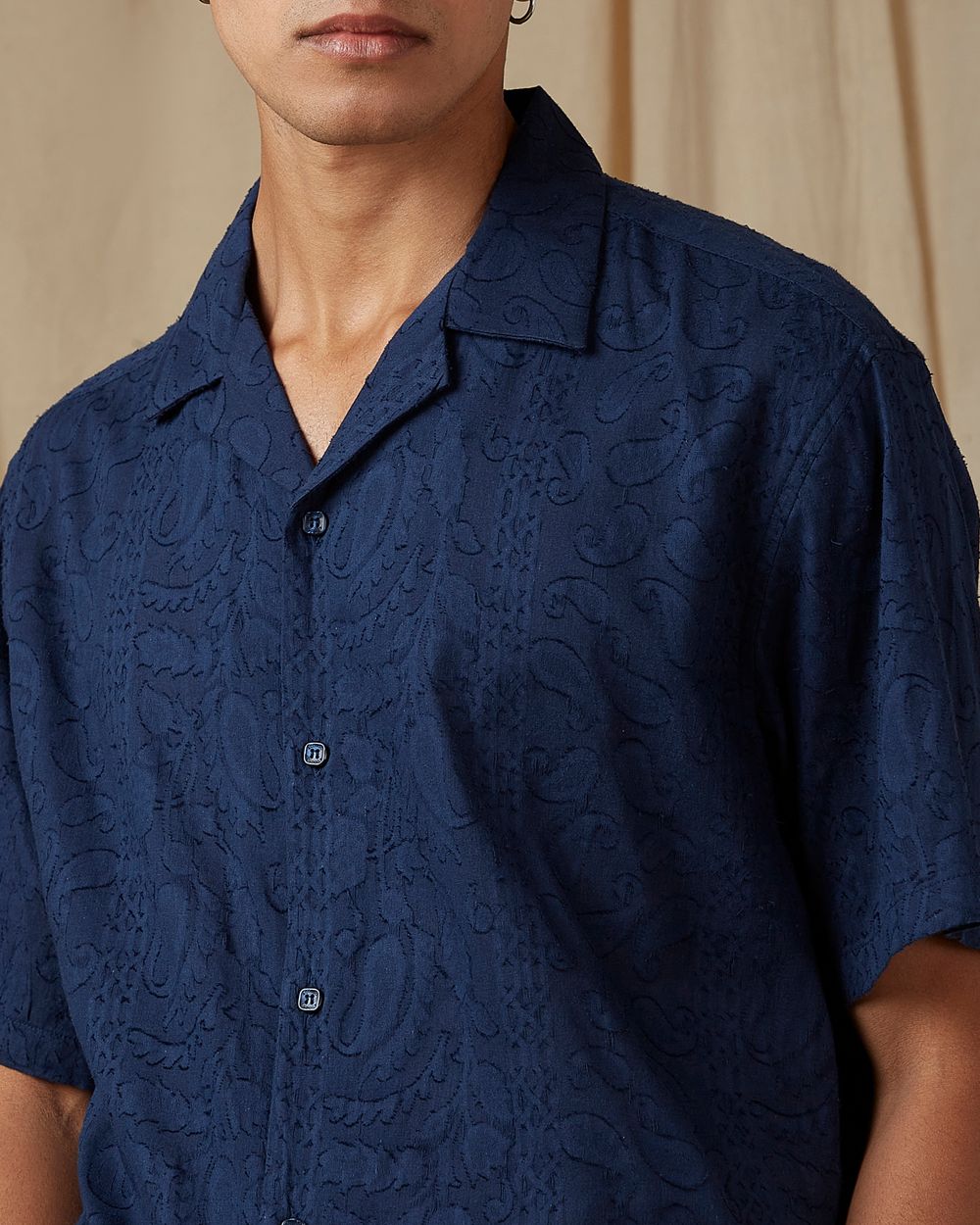 Navy Jacquard Plain Loose Fit Casual Shirt