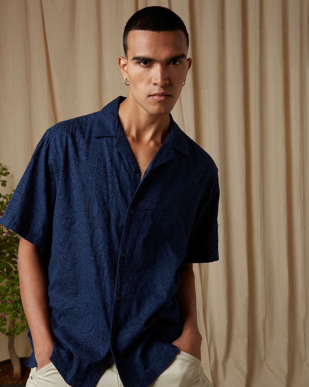 Navy Jacquard Plain Loose Fit Casual Shirt