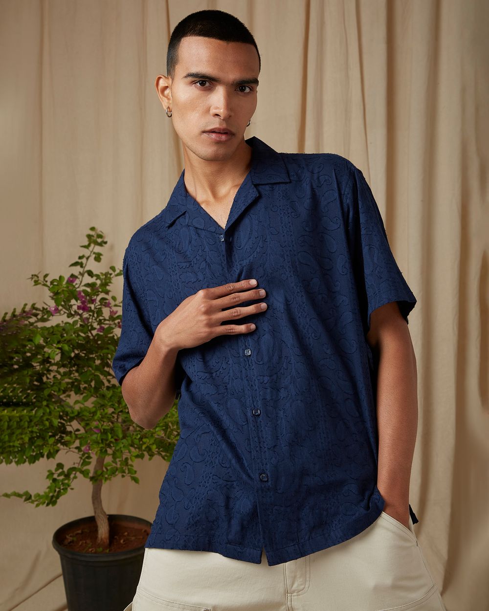 Navy Jacquard Plain Loose Fit Casual Shirt