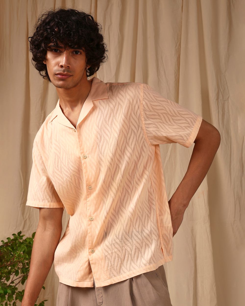 Peach Jacquard Plain Loose Fit Casual Shirt