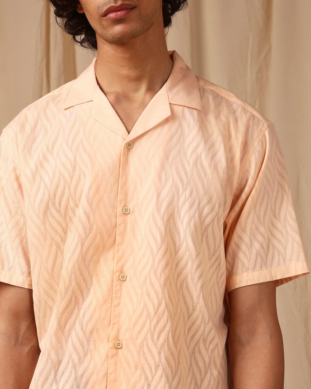 Peach Jacquard Plain Loose Fit Casual Shirt