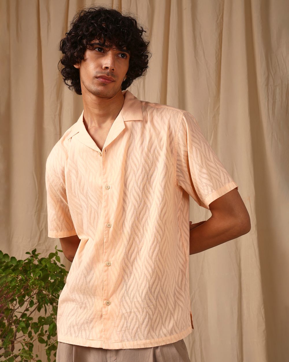 Peach Jacquard Plain Loose Fit Casual Shirt