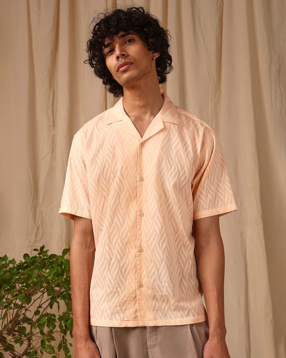 Peach Jacquard Plain Loose Fit Casual Shirt