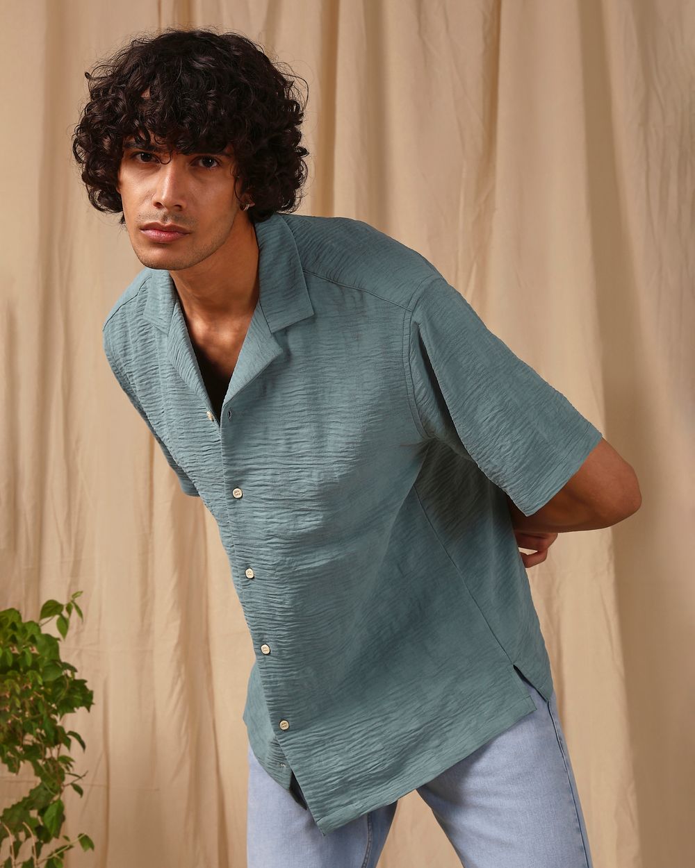 Green Textured Plain Loose Fit Casual Shirt
