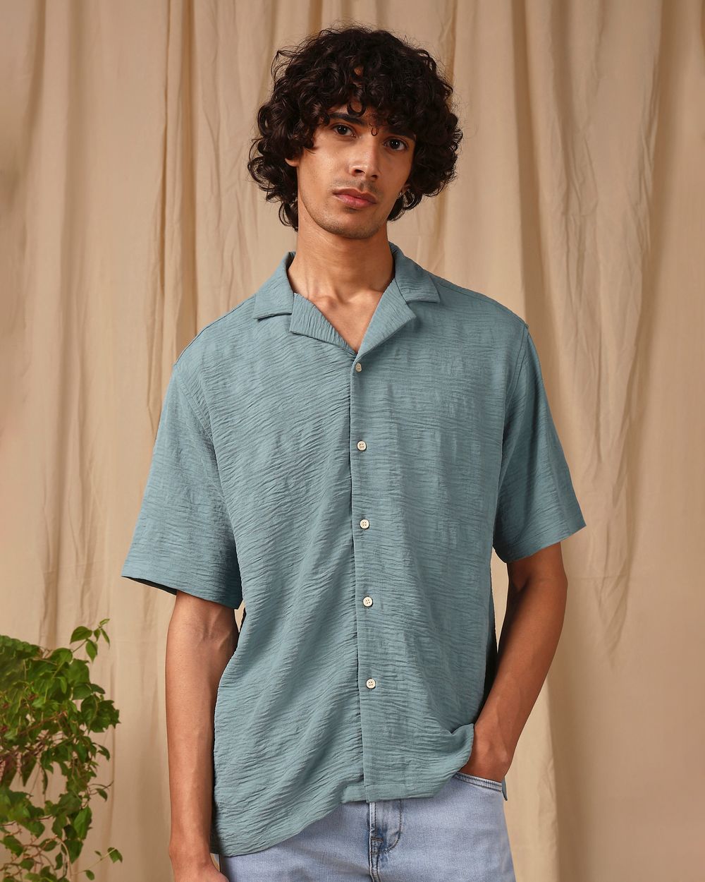 Green Textured Plain Loose Fit Casual Shirt