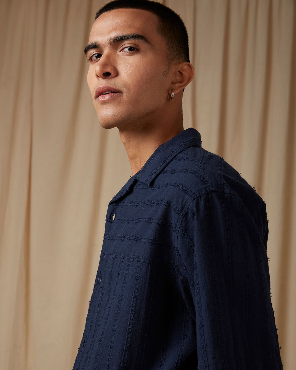 Navy Embroidered Plain Loose Fit Casual Shirt