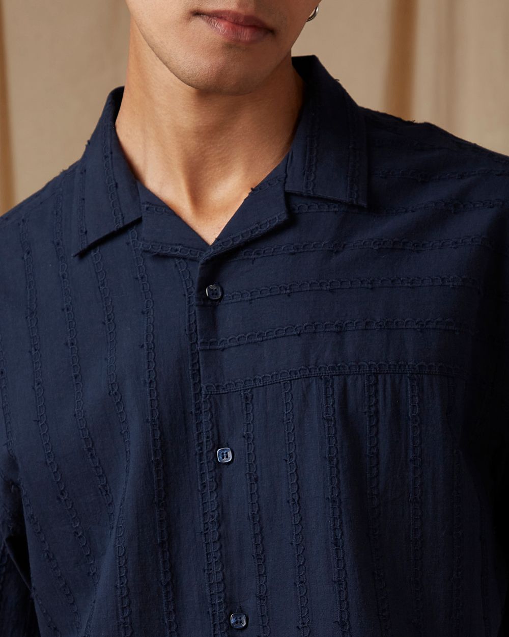 Navy Embroidered Plain Loose Fit Casual Shirt