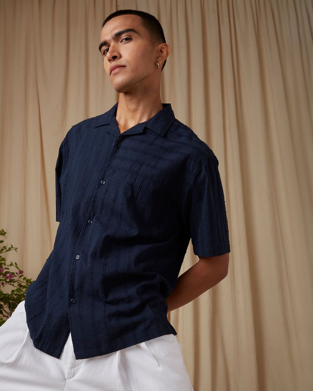 Navy Embroidered Plain Loose Fit Casual Shirt