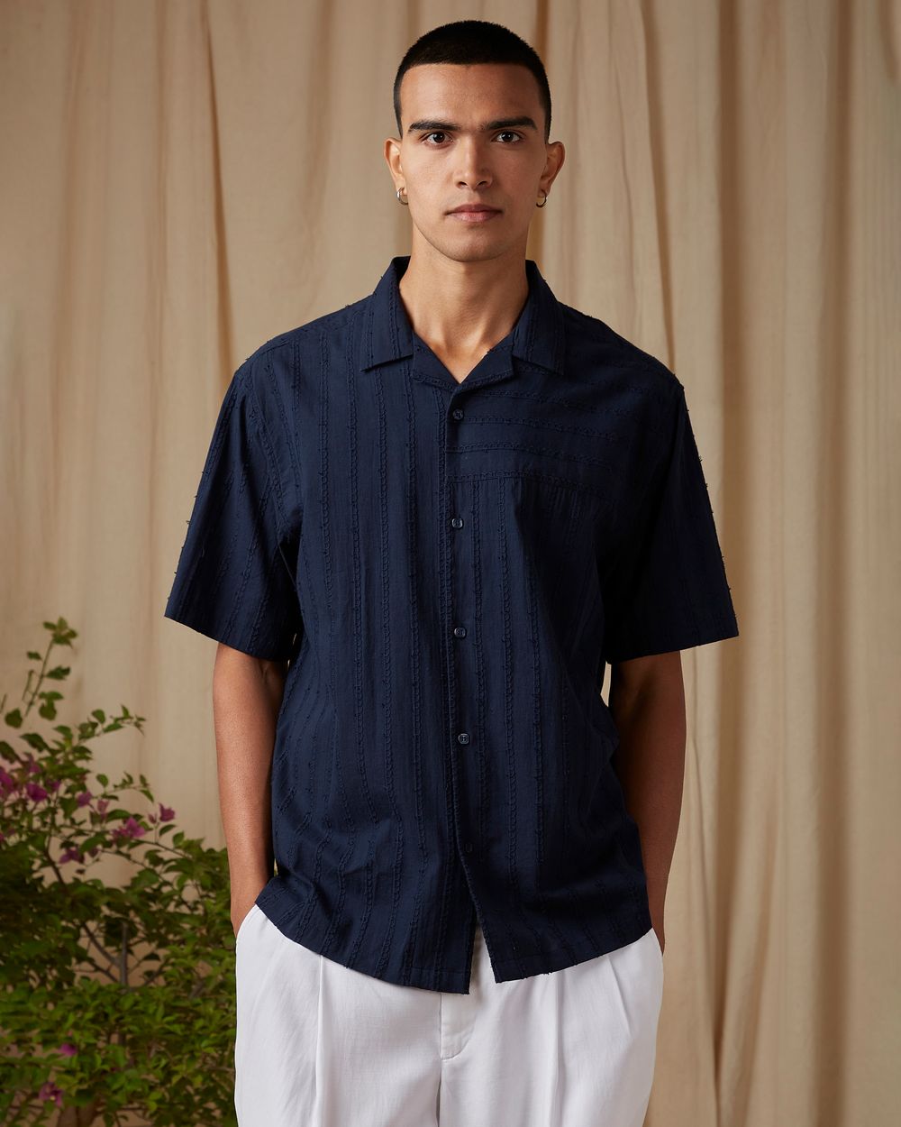 Navy Embroidered Plain Loose Fit Casual Shirt