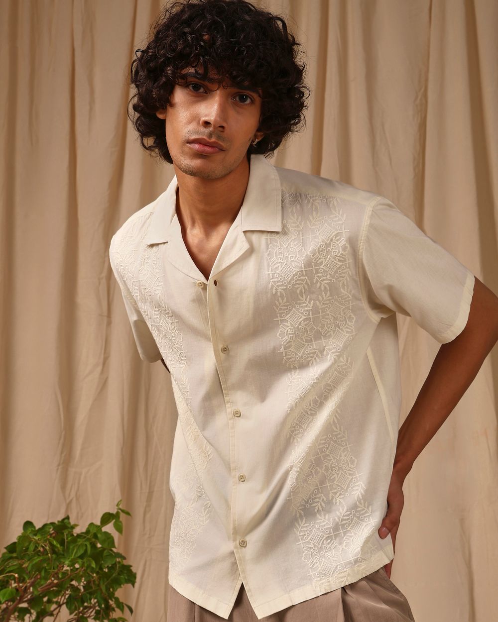 Off White Embroidered Plain Loose Fit Casual Shirt
