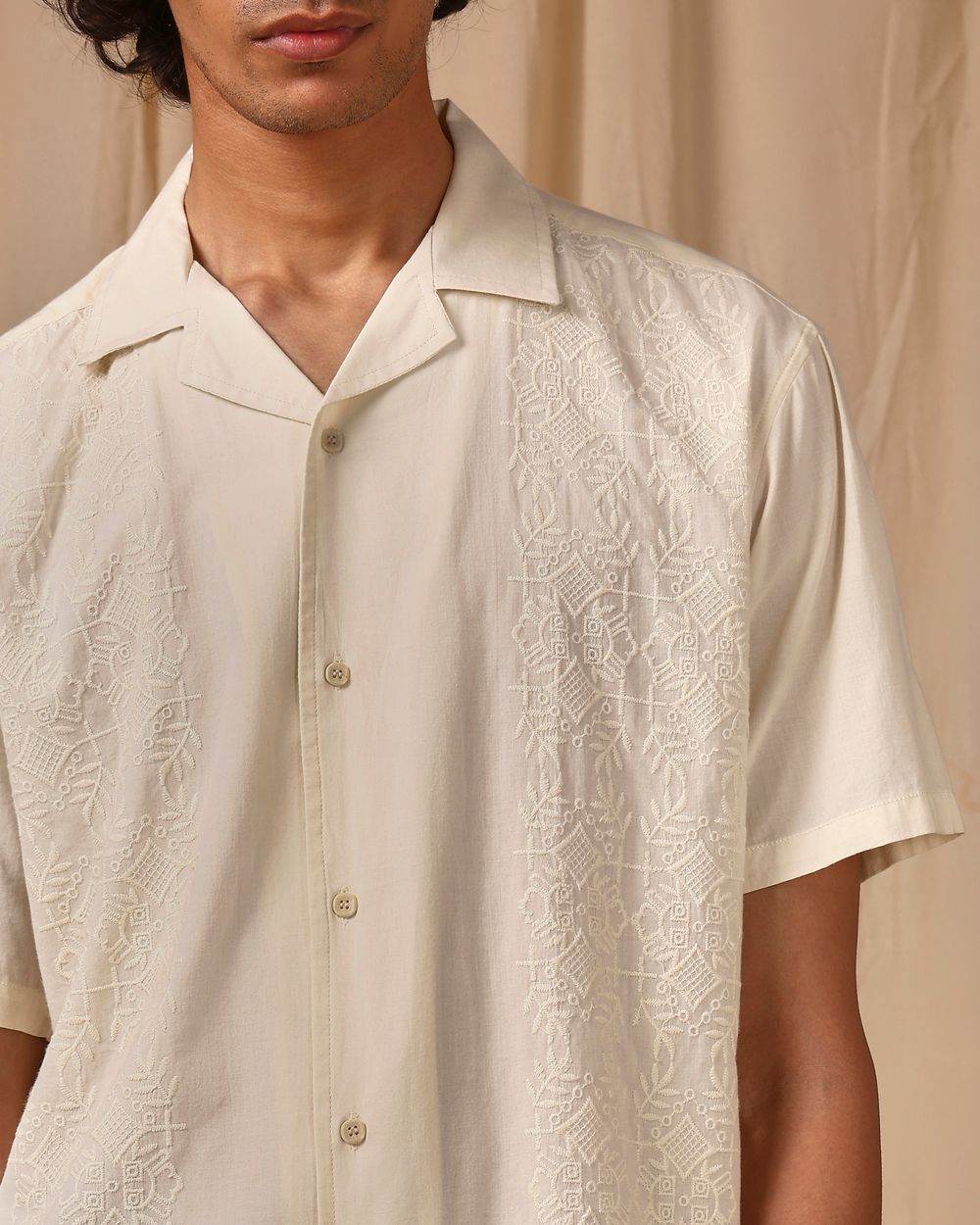 Off White Embroidered Plain Loose Fit Casual Shirt