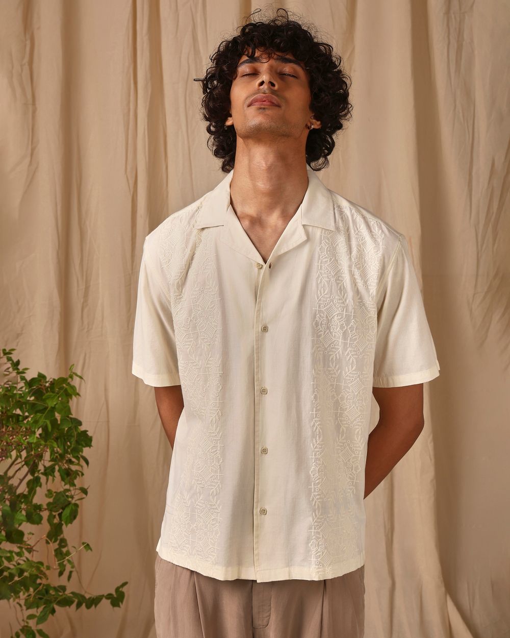 Off White Embroidered Plain Loose Fit Casual Shirt