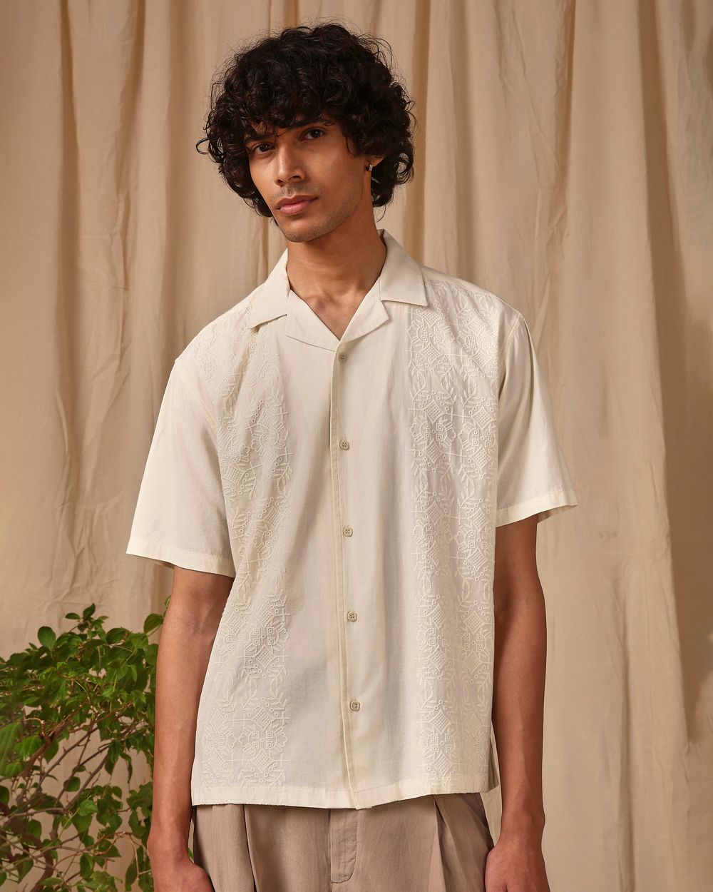 Off White Embroidered Plain Loose Fit Casual Shirt