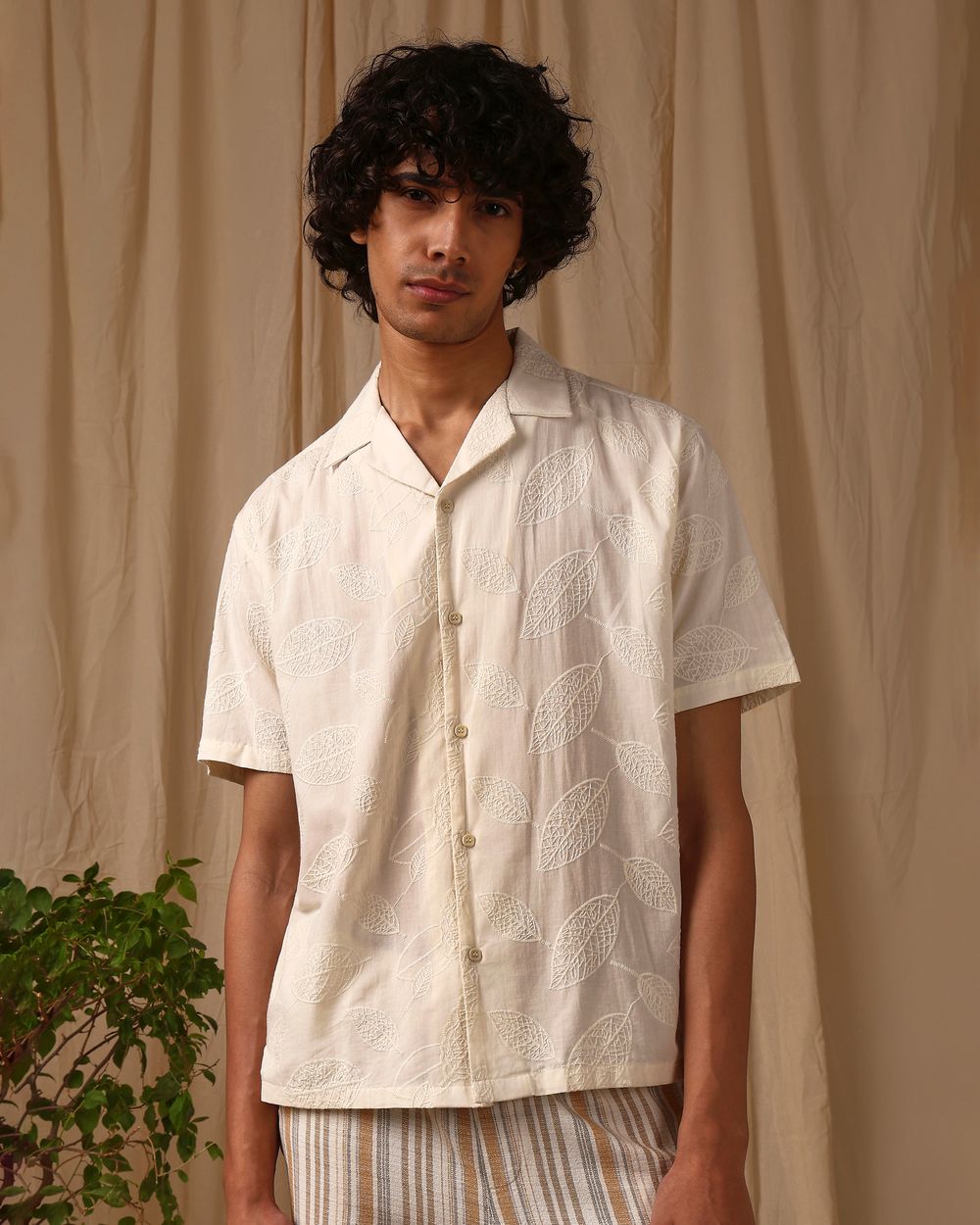 Off White Embroidered Plain Loose Fit Casual Shirt