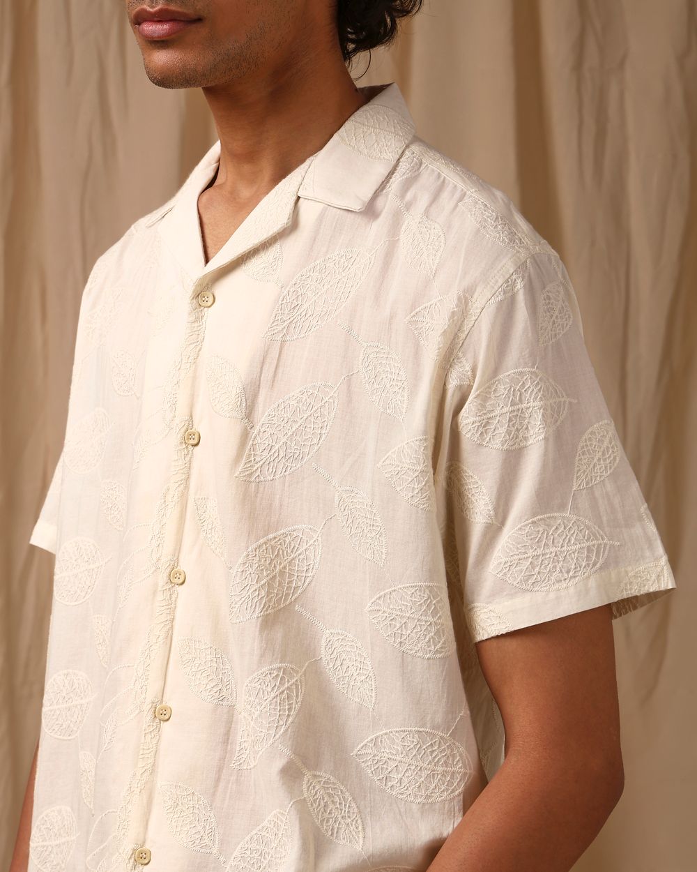 Off White Embroidered Plain Loose Fit Casual Shirt