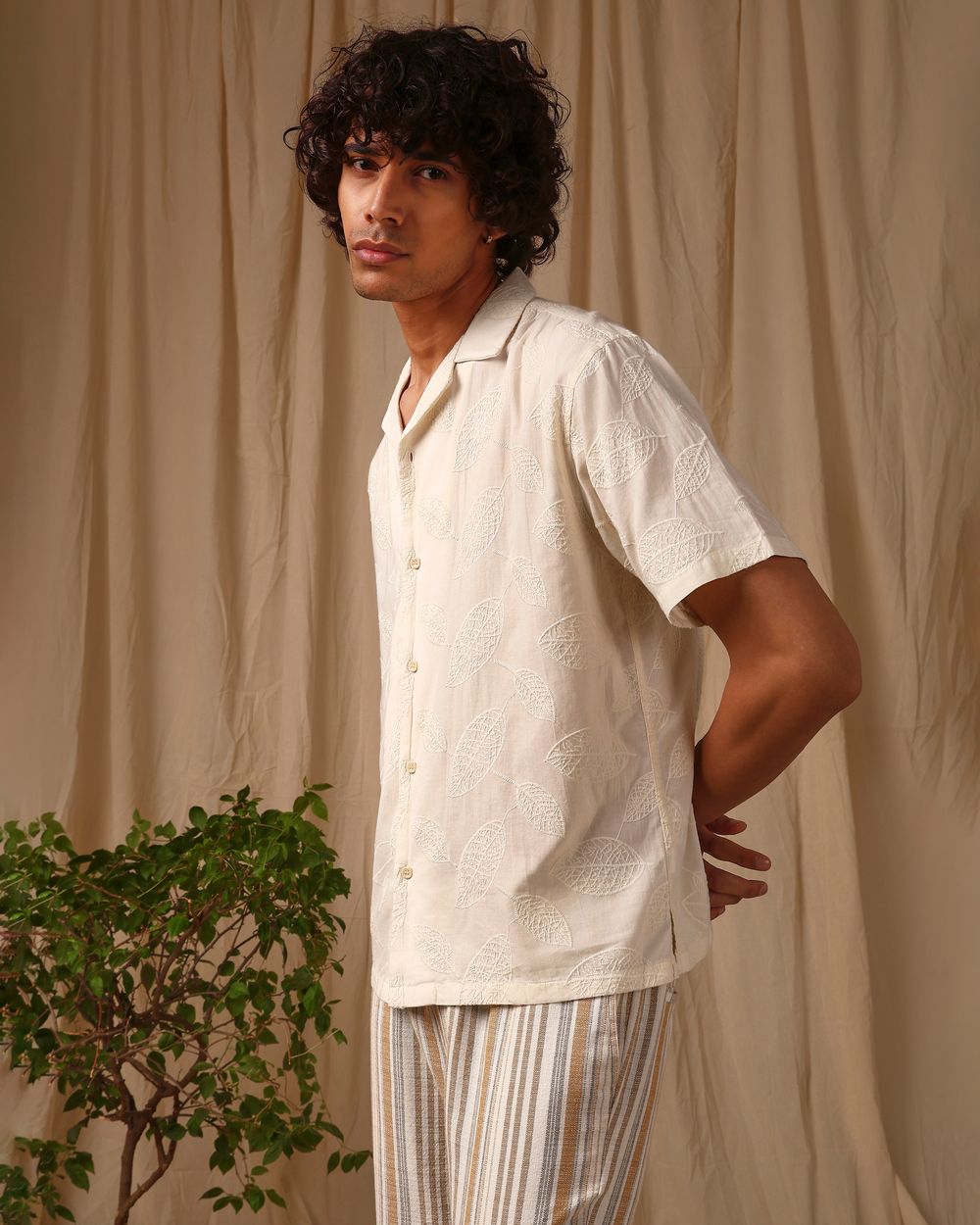 Off White Embroidered Plain Loose Fit Casual Shirt