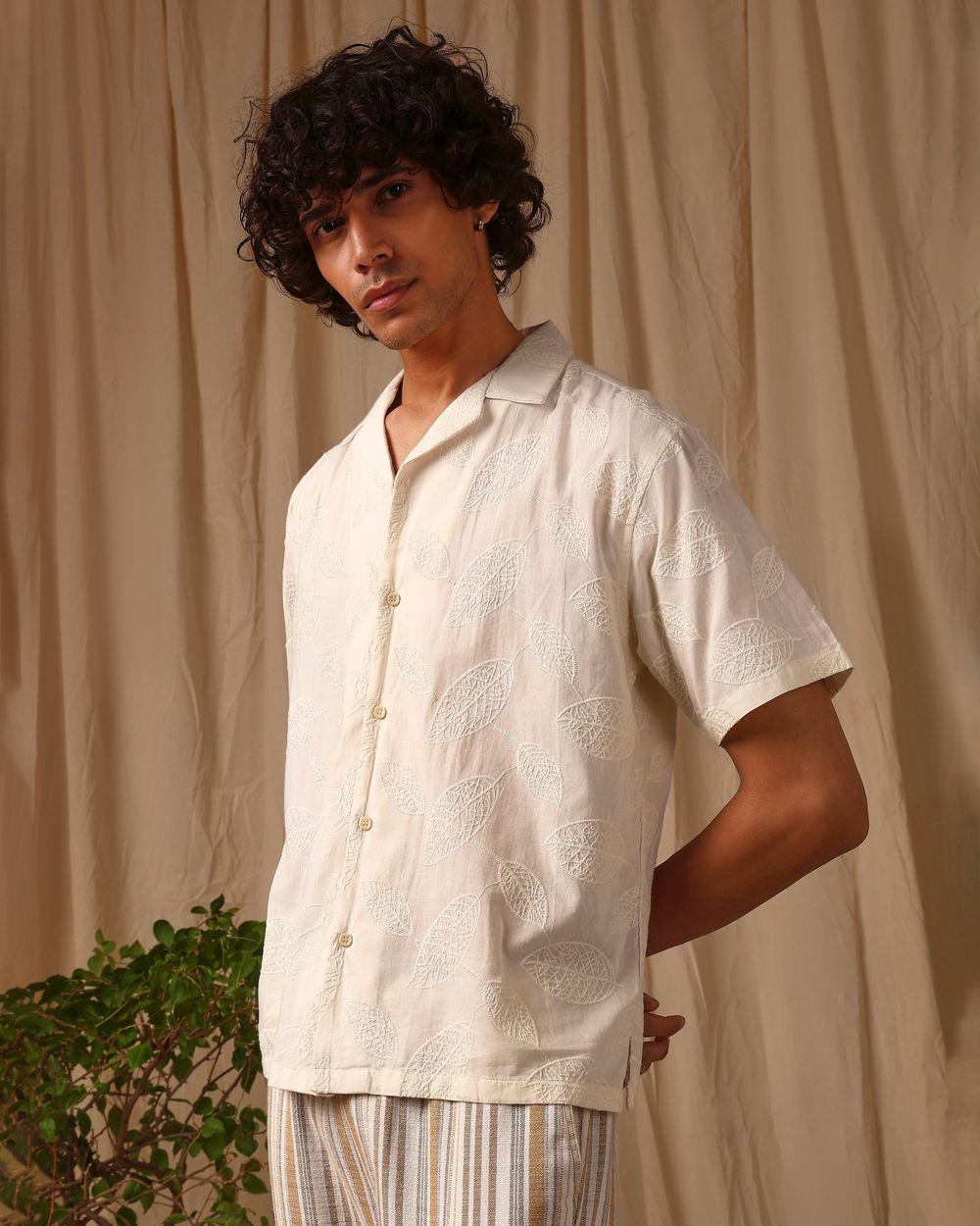 Off White Embroidered Plain Loose Fit Casual Shirt