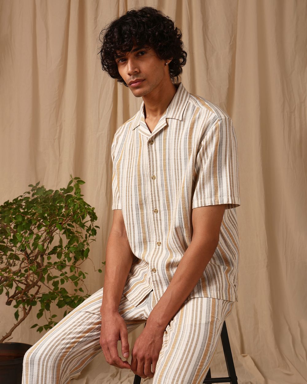 Beige Stripe Loose Fit Casual Shirt