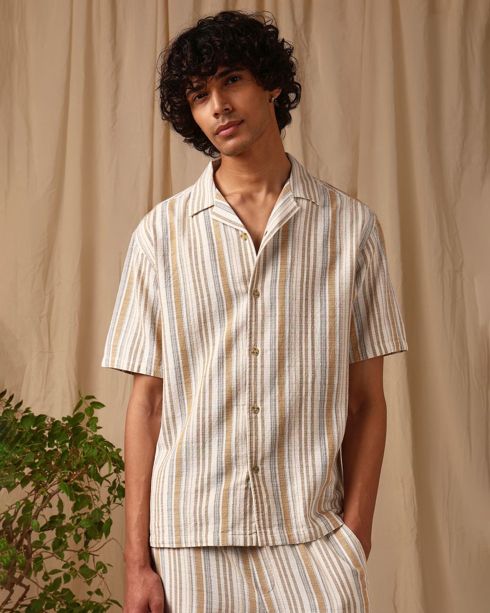 Beige Stripe Loose Fit Casual Shirt