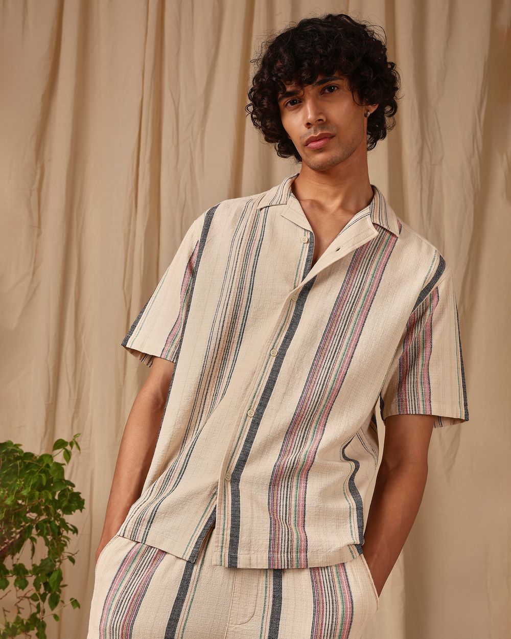 Beige Stripe Loose Fit Casual Shirt