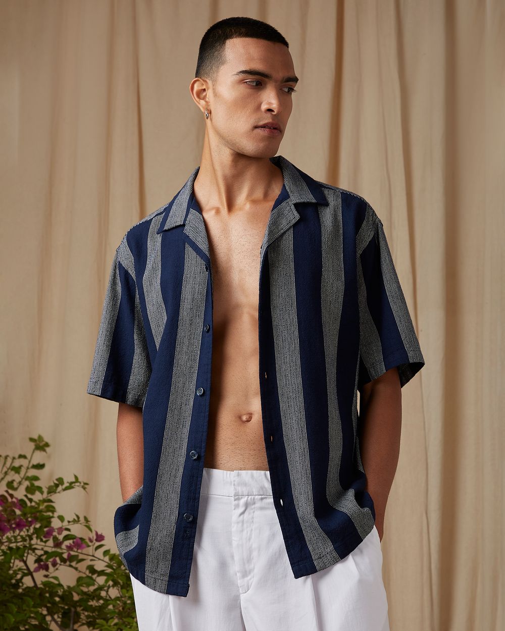 Navy Awning Stripe Loose Fit Casual Shirt