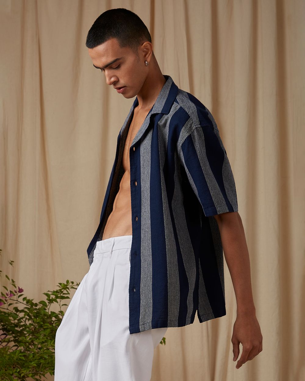 Navy Awning Stripe Loose Fit Casual Shirt