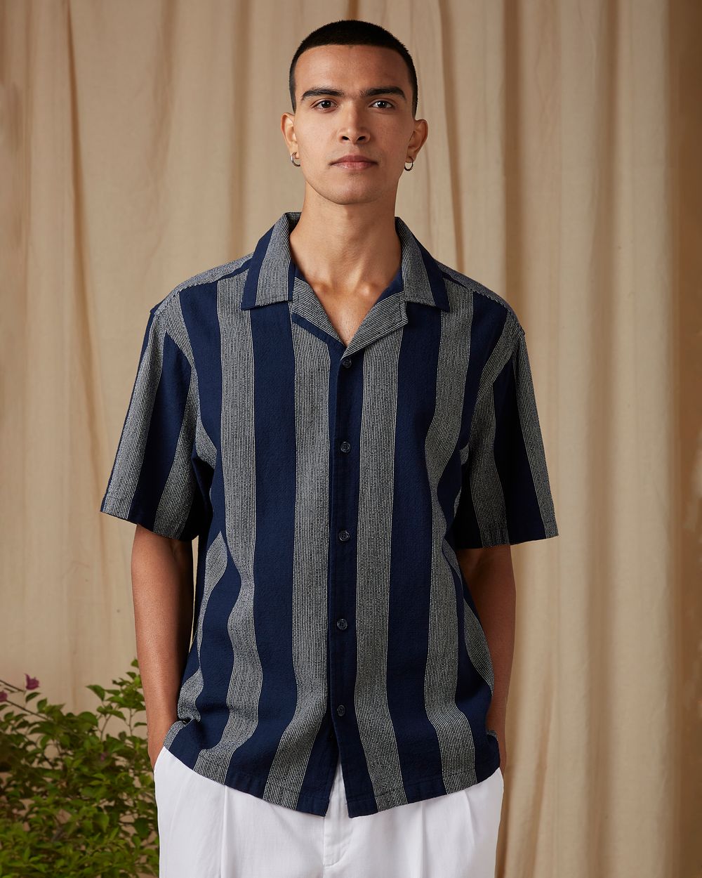Navy Awning Stripe Loose Fit Casual Shirt