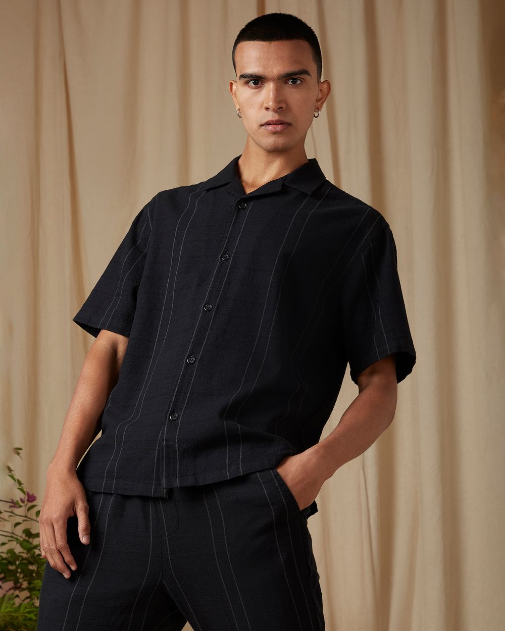 Black Pin Stripe Loose Fit Casual Shirt