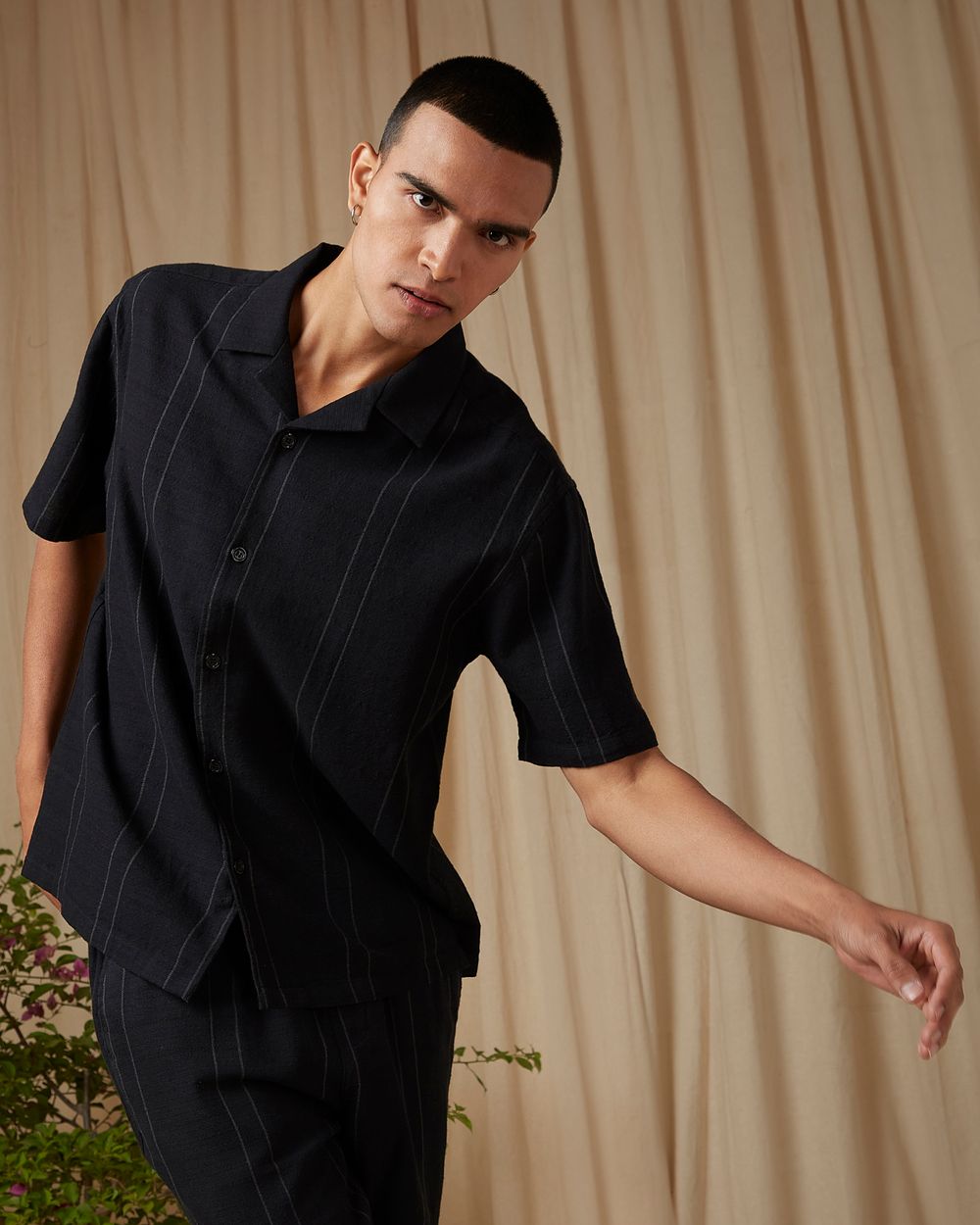 Black Pin Stripe Loose Fit Casual Shirt