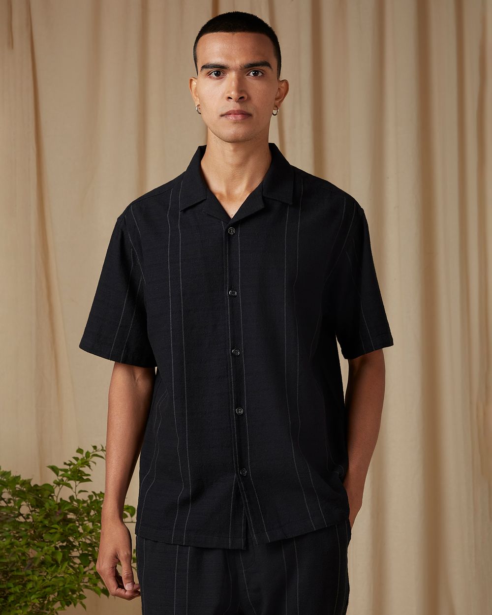 Black Pin Stripe Loose Fit Casual Shirt