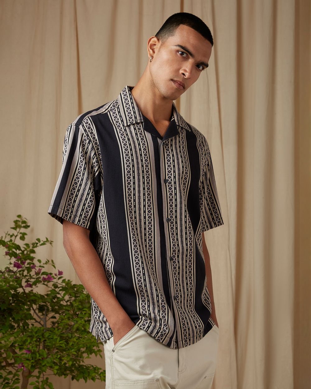 Charcoal Jacquard Stripe Loose Fit Casual Shirt